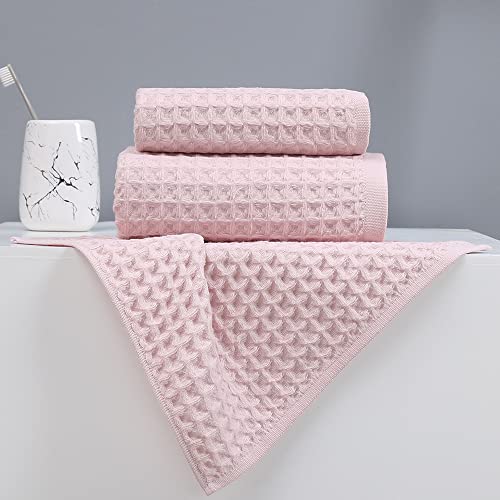 Yiluomo 100% Cotton 3 Pieces Towel Set | Waffle Weave | Pale Pink | Highly Absorbent | Soft & Light Weight | Machine & Hand Washable | 1 Bath - 1 Hand - 1Wash Towels #TOP1