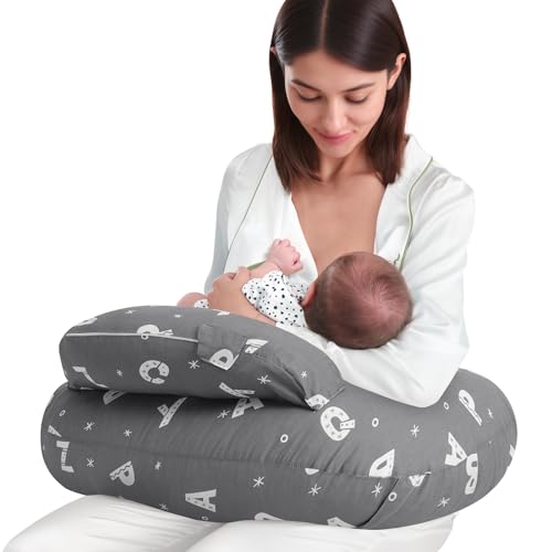 Image of AMASKY Plus Size Breastfeeding Pillow for Ergonomic Comfort & Support, Easier Nursing, Fit, Removable Cover, Machine Washable, Letter Pattern(Grey), Pallet of Product