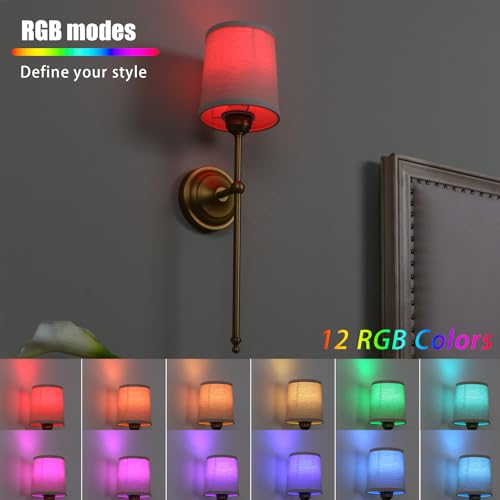 Image of Battery Operated Sconces Wall Lighting Fixture Set of 2 with Linen Fabric Shade, RGB Color Changing USB Rechargeable Wall Mounted Lamp for Living Room Bedside Nightstand Light