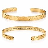 Carviell Gold Bracelet for Daughter from Parent Mom or Dad, Always My Daughter Forever My Friend, Stainless Steel Engraved Cuff, Birthday Christmas Graduation Gift, Sentimental Jewelry for Women