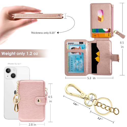 Image of Keychain wallet with ID Window，Credit Card Holder Leather, Zipper Card Case for Women, Pink, 4.3*2.8*0.5 in,