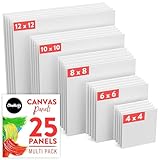 Chalkola Paint Canvases for Painting Multipack - 25 Pack Square Canvas Panels - 4x4, 6x6, 8x8, 10x10, 12x12 inch (5 Each) - 100% Cotton, Primed, Acid Free Art Canvas Boards for Painting