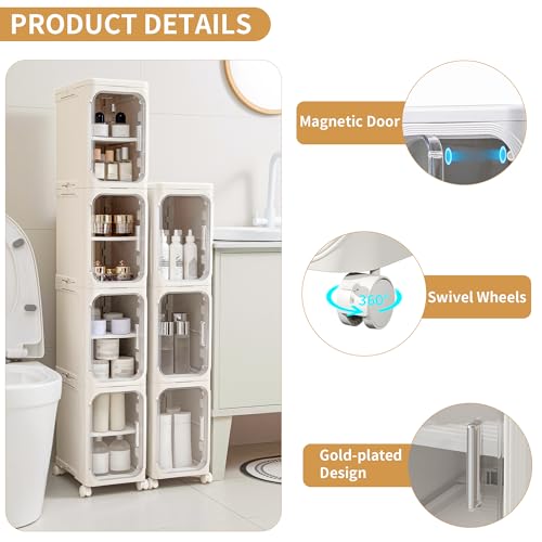 Image of 2-Tier Slim Narrow Bathroom Storage Cabinet, Cream White | Tool Free Assembly, Adjustable shelves, Fits for Narrow Spaces, Lockable Wheels, Magnetic Clear Door