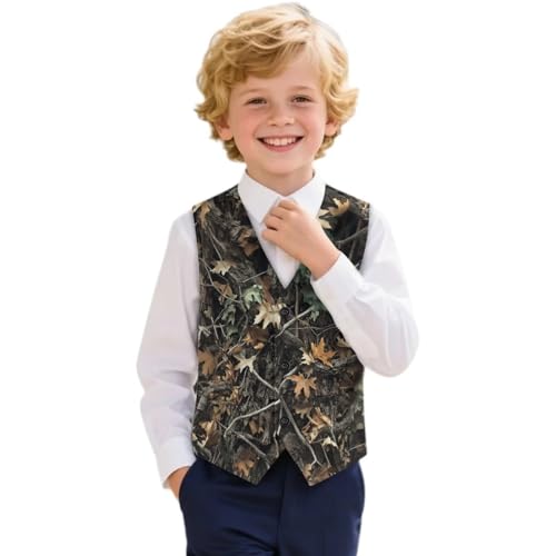 Renewold Camo Hunting Fashion Kids Teens V Neck Vest for Boys Casual Party Sleeveless Coats 3 Button Formal Suit Vest Dress Waistcoat with Pockets Winter Spring Fall Clothes Indoor Outdoor Outfits
