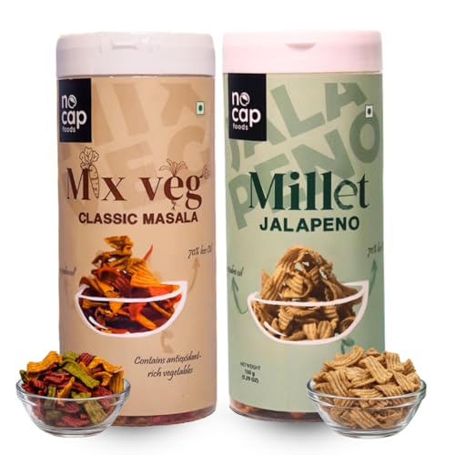 Image of NoCap Zero Guilt Healthy Chips | No Palm Oil, No Transfat & Cholesterol | Made with Real Veggies & Millets | Mad Tasty | Mix Veg Masala & Millet Jalapeno | 2 Packs (150g Each)
