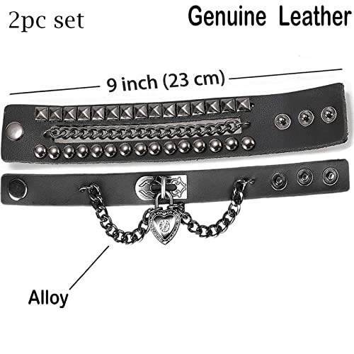 Perfect 4U Rivet Bracelet Multilayer Black Leather Cuff Heart Pendant Bangle Studded Chain Wrist Punk Sports Rock Bracelet Adjustable4