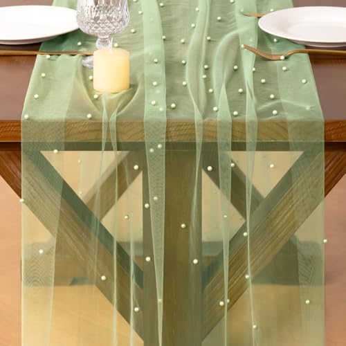 Socomi Pearl Gauze Table Runner Spring Easter Sheer 10FT Tulle Dining Wedding Birthday Party Baby Shower Anniversary Holiday Centerpiece Table Decor 3pcs Sage Green