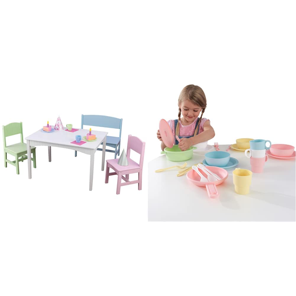 Photo 1 of KidKraft Nantucket Wooden Table with Bench and 2 Chairs & 27-Piece Pastel Cookware Set, Plastic Dishes and Utensils for Play Kitchens, Gift for Ages 18 mo+ Table + Cookware Set