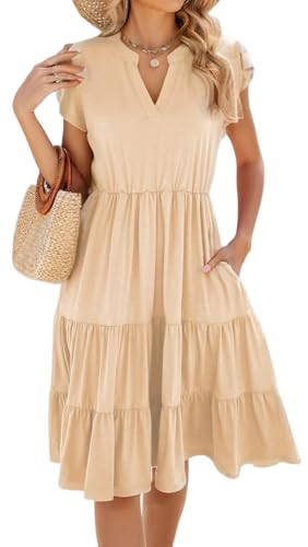 Image of Womens Summer Dress Ruffle Sleeve V Neck Midi Dresses Casual Fit Flowy Tiered Boho Beach Vacation Sundress