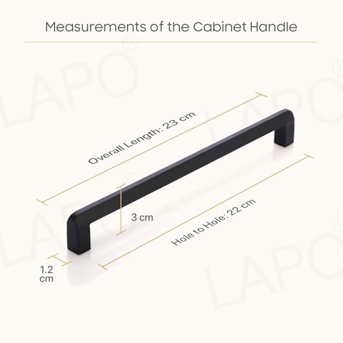 Image of LAPO 10 Inch Cabinet Handles for Wardrobe, Stainless Steel Pulls for Drawer & Storage Panels, Neat Holding Design, Wear Safe Surface, Hole to Hole Size 22 cm, Reliable Setup (224mm, Black, Pack of 6)