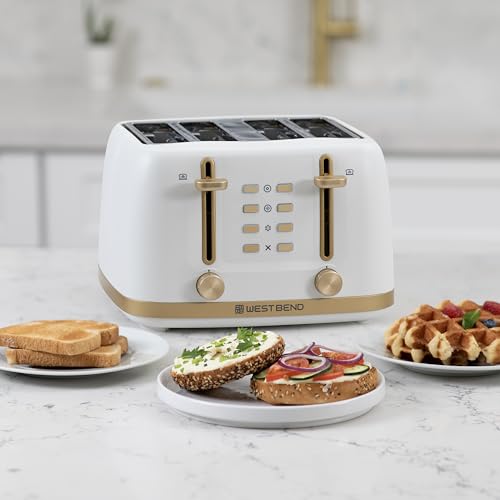 West Bend Timeless 4-Slice Toaster with 7 Browning Levels, Bagel/Waffle/Defrost Settings, High-Lift Lever, Anti-Jam, Easy-Clean Crumb Tray, 4-Slice, White/Gold
