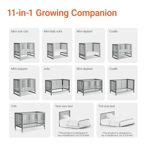 Image of MAMAZING EvoNest 11-in-1 Convertible Baby Crib with Wheels | Full Size Crib & Growing Bed, GREENGUARD Gold Certified, New Zealand Pine Wood, 4 Adjustable Heights, Rocking Mode, Grey