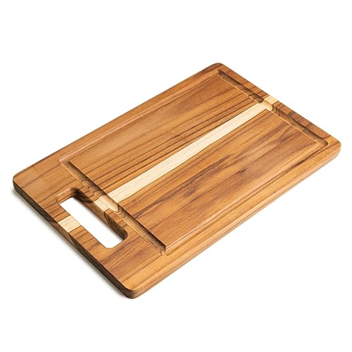 Erreke Planche a Decouper Bois, Bois de Teck Naturel, Cuisine ou Barbecue, Couper ou Servir Viande Fromage Pain, Planche à Découper 35x25x1.8 cm (avec une rainure pour le jus)