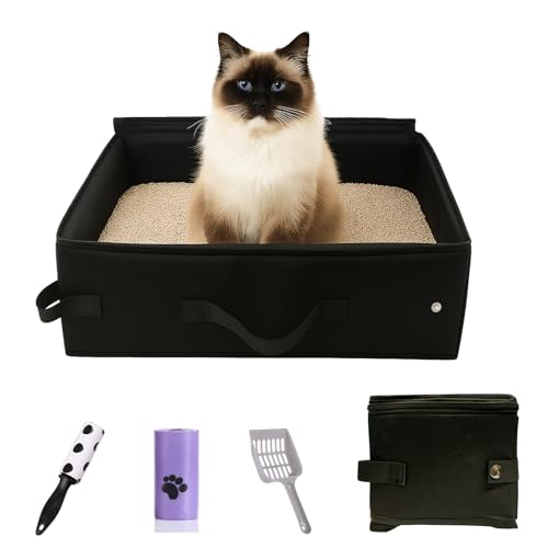 Portable Cat Litter Box, Foldable Cat Travel Litter Box with Zipped Lid and Free Cat Litter Scoop, Bag, Roller,No Smell, Waterproof, Leak-Proof, Easy to Use in Hotels and Other Outdoor Use(Black)