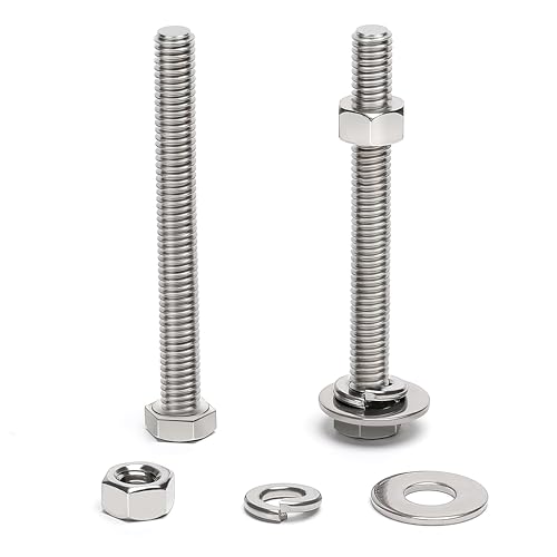 (16 Sets) 1/4-20 x 3 Hex Head Screw Bolt, Nuts, Flat Washer &amp; Spring Lock Washers, 18-8 (304) Stainless Steel, Fully Threaded, by Skvltvfyt