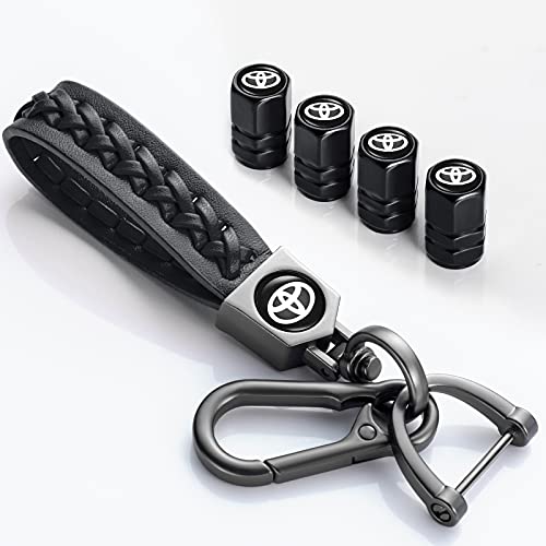 Bzrda Metal Car Wheel Tire Valve Stem Caps with Genuine Leather Keychain Replacement for Toyota Avalon,Camry,Prius,Avalon Corolla RAV5 Highlander Car Logo Keychains car Accessories
