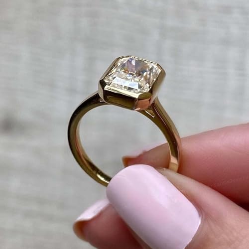 Emerald Cut Moissanite Bridal Wedding Enagement Ring 14K Yellow Gold Simulated Diamond Bezel Setting Solitaire Ring Mother's Day Gift Jewelry3