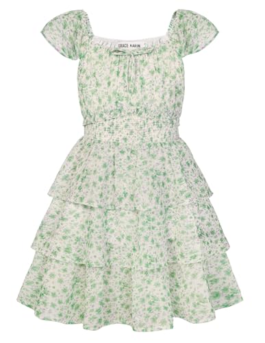 GRACE KARIN Girls Summer A-Line Tiered Floral Dress, Ruffle Sleeve Square Neck Midi Flower Girl Party Dresses 6-14 Years Green Floral 10-11 Years