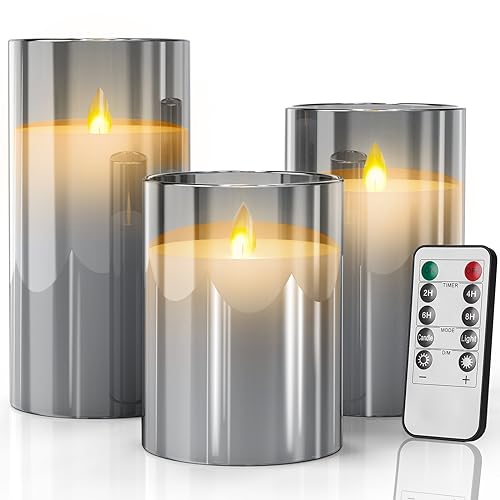 SUNNEST Led Flameless Candles, Silver Grey Glass Fake Candle Battery Operated Flickering Candle Pillar Real Wax Moving Flame Electric Candle Sets with Remote Timer, 4 in, 5 in, 6 in, Pack of 3 (Grey)