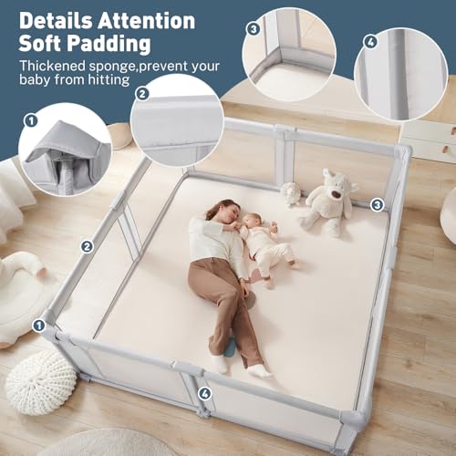 Image of Baby Playpen Portable, Pre-Assembled Play Pen 71x79 Large Foldable Playpen for Babies and Toddlers, Sturdy and Safe Toddler Play Yard Indoor Outdoor with Carry Bag, Grey