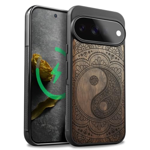 Étui pour Pixel 11 Pro XL un cadeau d'exception en bois de noyer mandala yin-yang magnétique