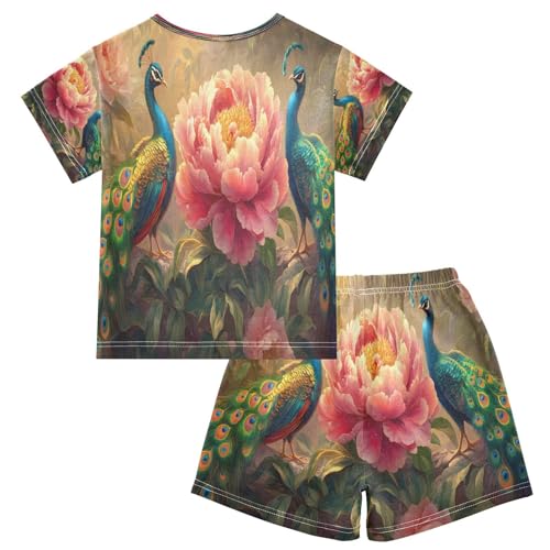 ALAZA Funny Peacock Peony Blossom Bird Pajamas Set Short Sleeve Cotton Sleepwear Summer Pjs 2 Piece 5-14Y2
