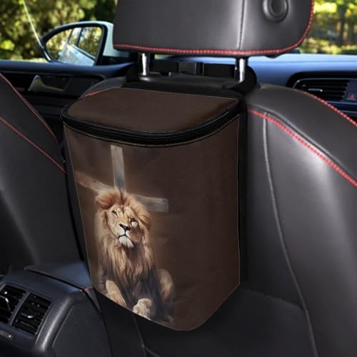 Image of Talayituse Lion Cross Print Car Trash Can with Lid, Leak Proof Auto Trash Bag Hanging Vehicle Garbage Can Multipurpose Storage Container for Back Seat Road Trip