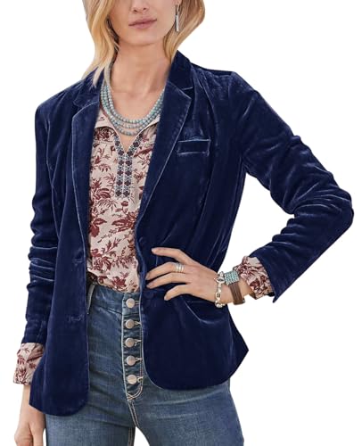 MINTLIMIT Velvet Blazers Jackets for Women Notched Lapel Button Down Casual Work Office Blazer Suit Jacket Coat with Pockets(Navy Blue,2XL)