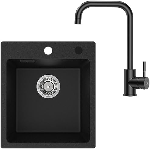 Lavello Da Incasso Nero Con Rubinetto 50x45cm - Acciaio Inox Con Sifone Incluso