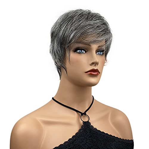 Wiginway Short Straight Layered Wigs Soft Fiber Hair Air Bangs Full Synthetic Wigs (#51 Off Black Mixed Gray)