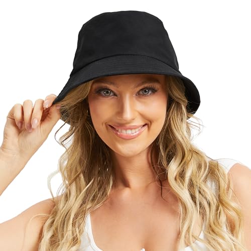 Image of Bucket Hat for Women Men, Reversible Cotton Summer Sun Beach Cap Solid Color Style