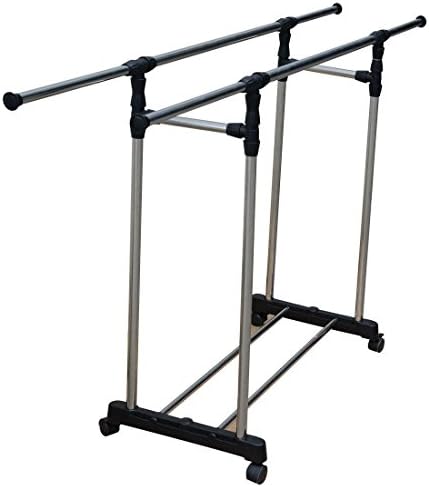 Portable Double Adjustable Clothes Rack Hanger Rolling Garment Shelf Wheels Rail