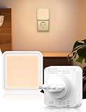 TAVISDOR 2 Stück Nachtlicht Steckdose mit Dämmerungssensor, Warmweiß 3000K, Touch-Dimmung, LED Schlummerleuchten für Flure, Treppen, Schlafzimmer, Küchen, Badezimmer, Wohnzimmer（Quadratisch）
