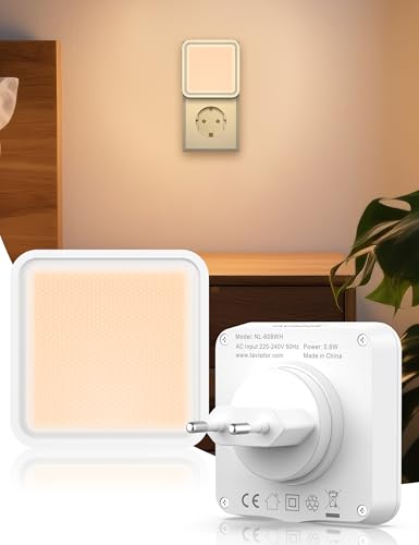 TAVISDOR 2 Stück Nachtlicht Steckdose mit Dämmerungssensor, Warmweiß 3000K, Touch-Dimmung, LED Schlummerleuchten für Flure, Treppen, Schlafzimmer, Küchen, Badezimmer, Wohnzimmer（Quadratisch）
