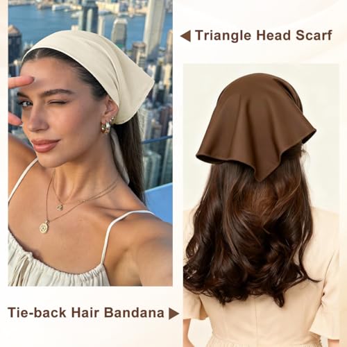 Image of MAYCREATE 3Pcs Bandana Scarf Fashion Bandanas for Women Girls Triangular Hair Scarf for Women Tie Back Countryside Style Soft Cotton Head Bands with Knot Design - Beige, Brown & Navy
