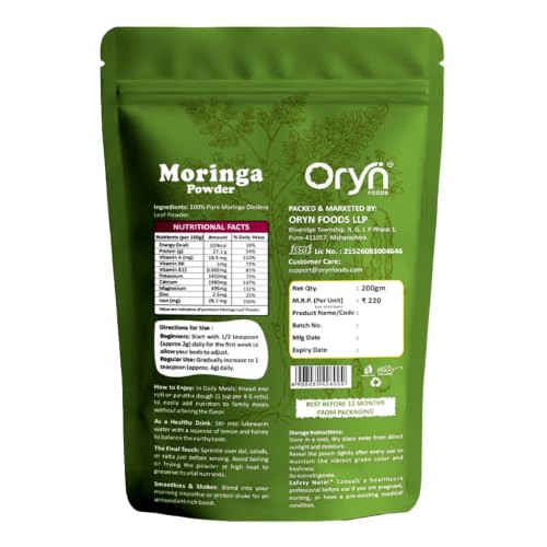 Image of 100% Natural Oryn Foods Moringa Powder 200g for Daily Nutrition, Immunity Support, and Skin Health, with Antioxidants, Vitamins, and Minerals | No Additives | Vegan | Pure Moringa