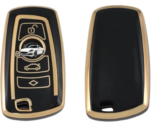 Image of TPU Car Key Cover Black & Golden Compatible for (BMW, 4 Button Push Smart Key)