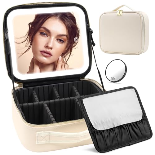 JADAZROR Make-up-Tasche mit Spiegel und Licht, Reise-Make-up-Tasche mit 3-farbig beleuchtetem Make-up-Organizer, tragbares Make-up-Etui mit verstellbaren Trennwänden, LED-Kosmetiktasche als Geschenk