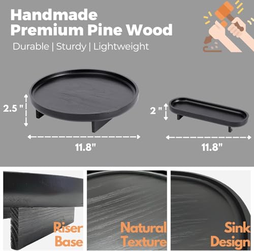 Image of 2 Pcs Round Wooden Decorative Tray, Black, Modern, 11.8 inchL x 11.8 inchW x 2.5 inchH (Large), 11.8 inchL x 4 inchW x 2 inchH (Small), Perfect for Coffee Table, Bathroom Vanity, Kitchen Counter, Gift