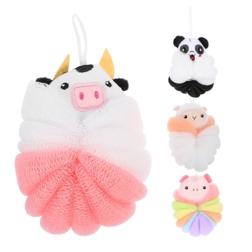 ARTSEWPLY 4個 動物デザインボディスクラバー バスボール メッシュ泡立てネット 肌に優しい軽量シャワースポンジ 吊り下げ収納可能バス用品