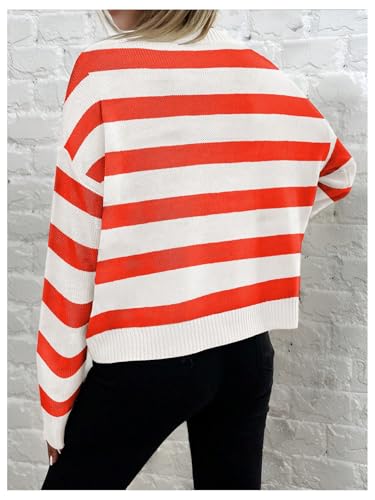 Image of WDIRARA Women's Striped Drop Shoulder Pullover Sweater Crew Neck Loose Knitted Sweater Orange White Medium