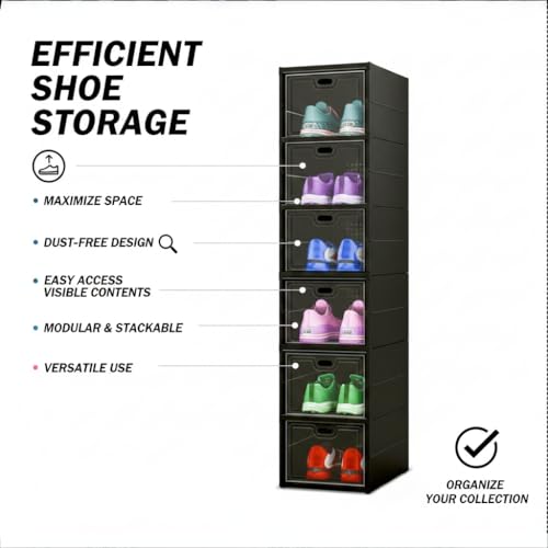 Image of Sulfar 6 Tier Shoe Rack Collapsible Shoe Organiser with Door - Foldable Sneaker Crates Footwear Organiser for Men, Women, Heels, Boots, Loafers, Sneakers, Slippers (Black)