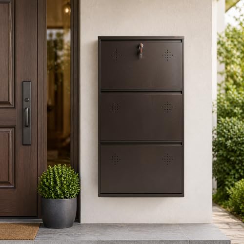 Image of 3 Door Wall Mounted Metal Shoe Rack Cabinet with Lock | Space Saving Shoe Storage Cabinet | Dustproof & Ventilated Shoe Organizer for Home, Entryway, Bedroom & Balcony | Brown | 39 x 21 x 6 Inch