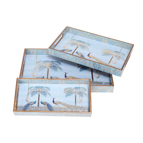 Image of Rectangular Wooden MDF Serving Trays Set of 3 (16x10, 14x8, 12x6 Inches) - Enamelled Finish with Easy-Grip Handles, Perfect for Dining, Tea, Snacks & Home Decor (Blue Peacock)