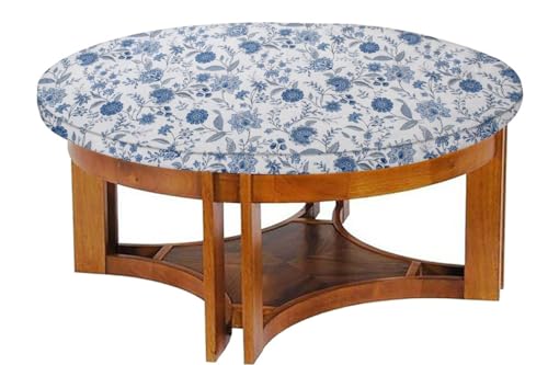 Image of The Furnishing Tree Elastic Cotton Round Center Table Cover 18x18 in Inches Floral Blue on White Base