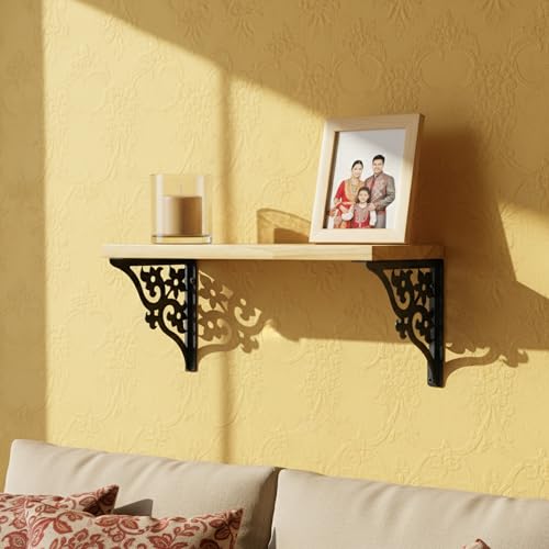 Image of Wall Shelf with Wooden Top Black|White Iron Brackets Storage Rack|Industrial Wall-Mounted Floating Shelf for Living Room,Kitchen,Bathroom (Black Triple Floral Small)