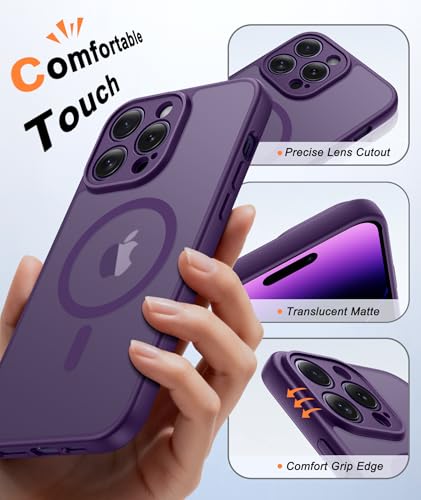 Image of FNTCASE for iPhone 14 Pro-Max Case: Translucent Purple Slim Cases Compatible with MagSafe, Full Camera Protection & Tempered Glass Protector, 14FT Military Grade Drop Tested, Matte Skin-Friendly Cover