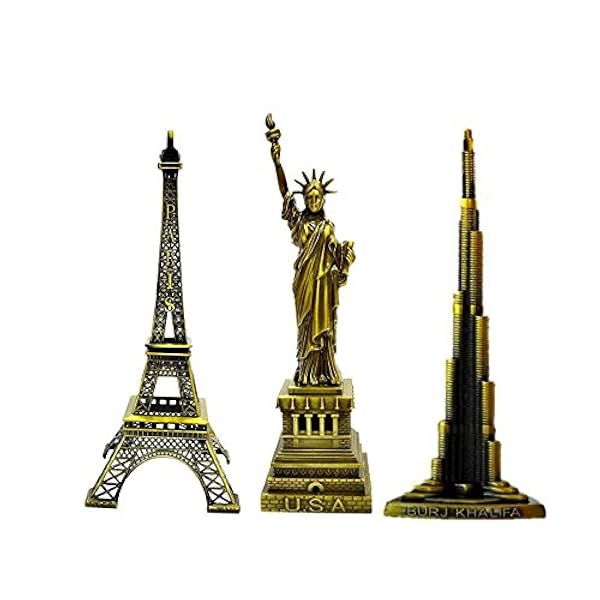 Metalen Combo Paris Eiffeltoren Vrijheidsbeeld Burj Khalifa voor woondecoratie, metallic kleur, 15cm hoogte