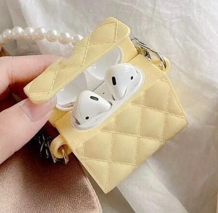 Image of Soomio Designer for Women's Premium 3D Adorable Cool Cartoon Silicone for AirPods Pro (2019) Pouch Case Pearl Chain Soft Cover Box with Wireless Charging (Yellow)