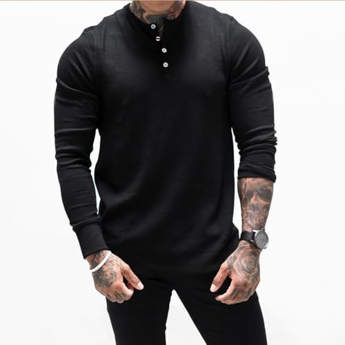Men's Casual Long Sleeve Henley Sweater – Stylish and Slim Fit Solid Color Pullover2